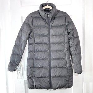 Uniqlo Down Jacket Women Small Grey Puffer Goose Down Feather Long Quilted Warm